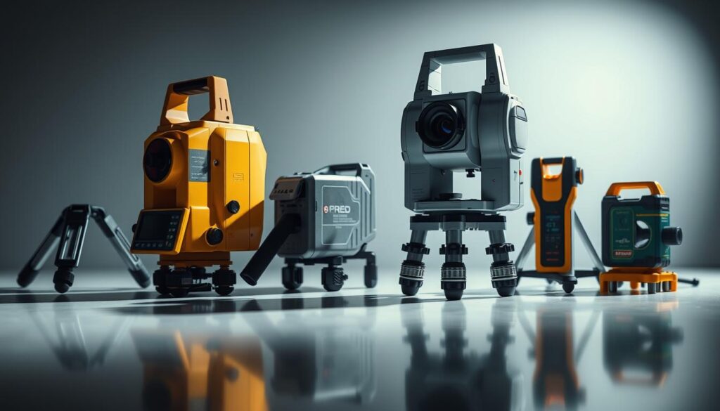 High-resolution close-up of modern land surveying equipment, including a digital theodolite, a total station, a GPS receiver, and a laser rangefinder, arranged on a smooth reflective surface with a dramatic, moody lighting setup that casts long shadows, creating a sense of technical precision and professionalism. The equipment is depicted in sharp focus, highlighting its intricate details and advanced capabilities, against a softly blurred, minimalist background that emphasizes the subject matter.
