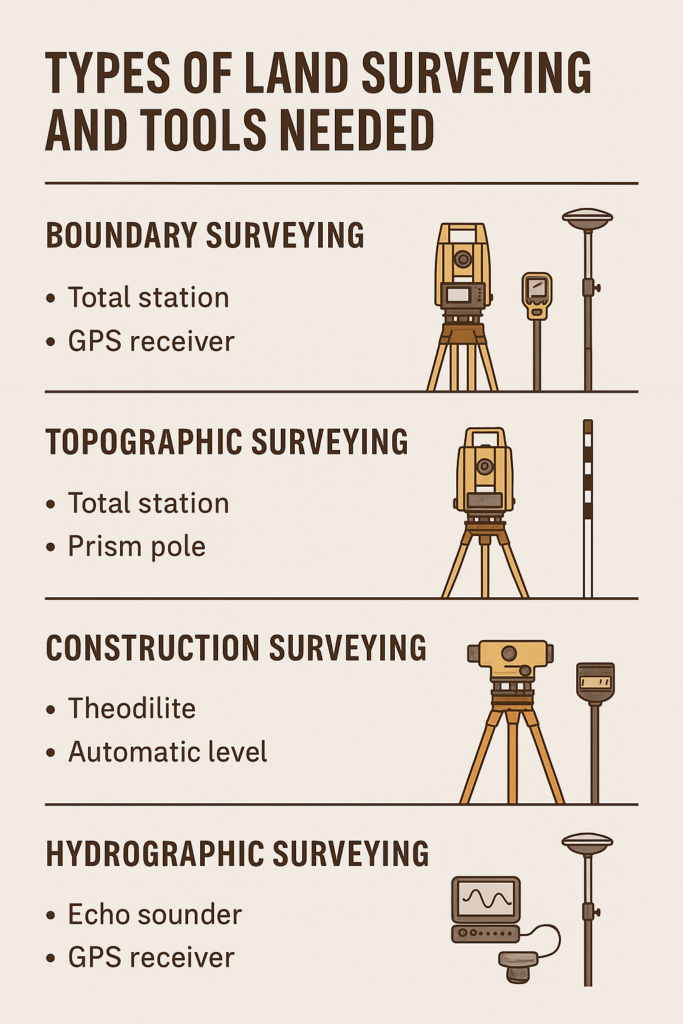 Types of Land Surveying Tools Needed Infographic