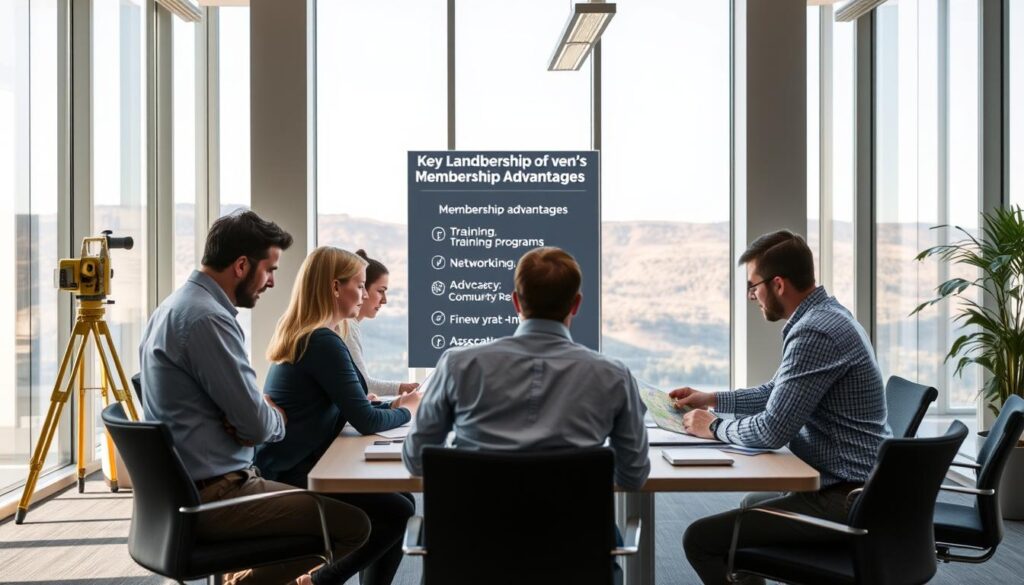 A modern, well-designed office interior showcasing the benefits of a state land surveying association. In the foreground, a group of land surveyors collaborating around a conference table, using digital maps and 3D models. Soft, directional lighting illuminates the scene, creating a professional and productive atmosphere. In the middle ground, a display board highlights the key membership advantages, such as training programs, networking events, and advocacy initiatives. The background features floor-to-ceiling windows overlooking a scenic landscape, symbolizing the association's commitment to the surveying profession and the community it serves. The overall composition conveys the idea of a thriving, technology-driven organization that empowers its members and advocates for the industry. A modern, well-designed office interior showcasing the benefits of a state land surveying association. In the foreground, a group of land surveyors collaborating around a conference table, using digital maps and 3D models. Soft, directional lighting illuminates the scene, creating a professional and productive atmosphere. In the middle ground, a display board highlights the key membership advantages, such as training programs, networking events, and advocacy initiatives. The background features floor-to-ceiling windows overlooking a scenic landscape, symbolizing the association's commitment to the surveying profession and the community it serves. The overall composition conveys the idea of a thriving, technology-driven organization that empowers its members and advocates for the industry.