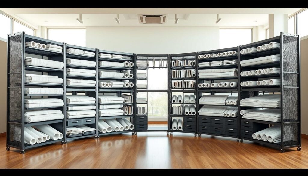 An expansive blueprint storage cabinet system, showcasing intricate engineering and meticulous organizational design. The sturdy steel frames hold various compartments and drawers, each neatly arranged to store rolled-up blueprints and architectural plans. Soft, diffused lighting casts a warm glow, highlighting the cabinet's sleek, minimalist aesthetic. The cabinets are positioned in a well-lit, spacious room, with large windows allowing natural light to filter in, creating a serene, professional atmosphere. The polished hardwood floors and neutral-toned walls provide a clean, sophisticated backdrop, complementing the cabinet's functional yet elegant appearance. An expansive blueprint storage cabinet system, showcasing intricate engineering and meticulous organizational design. The sturdy steel frames hold various compartments and drawers, each neatly arranged to store rolled-up blueprints and architectural plans. Soft, diffused lighting casts a warm glow, highlighting the cabinet's sleek, minimalist aesthetic. The cabinets are positioned in a well-lit, spacious room, with large windows allowing natural light to filter in, creating a serene, professional atmosphere. The polished hardwood floors and neutral-toned walls provide a clean, sophisticated backdrop, complementing the cabinet's functional yet elegant appearance.