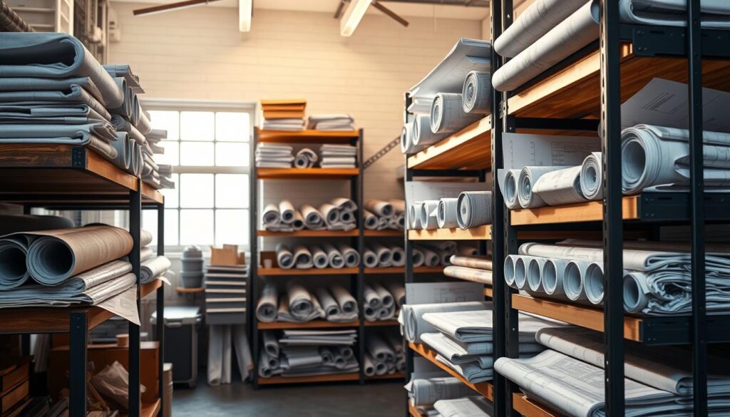Streamlined blueprint storage solutions, meticulously organized in a well-lit, industrial-style workshop. Wooden shelves and metal racks hold a variety of architectural plans, neatly rolled and color-coded. Soft directional lighting casts shadows that accentuate the crisp, technical lines of the blueprints. The scene conveys a sense of efficiency and professionalism, with everything in its place. In the background, a large window provides natural illumination, while a clean, minimalist aesthetic pervades the space. The overall impression is one of a comprehensive, tailored storage system designed to meet the needs of architects, engineers, and construction professionals. Streamlined blueprint storage solutions, meticulously organized in a well-lit, industrial-style workshop. Wooden shelves and metal racks hold a variety of architectural plans, neatly rolled and color-coded. Soft directional lighting casts shadows that accentuate the crisp, technical lines of the blueprints. The scene conveys a sense of efficiency and professionalism, with everything in its place. In the background, a large window provides natural illumination, while a clean, minimalist aesthetic pervades the space. The overall impression is one of a comprehensive, tailored storage system designed to meet the needs of architects, engineers, and construction professionals.
