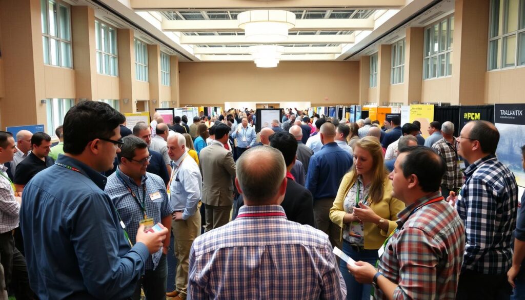 a professional networking event for land surveyors, set in a modern conference hall with abundant natural lighting. In the foreground, groups of surveyors animatedly discuss recent projects, exchanging business cards and technical insights. In the middle ground, a panel of industry experts delivers a presentation on the latest surveying technologies, their hands gesturing expressively. The background depicts an array of booths showcasing cutting-edge surveying equipment and software, creating an atmosphere of innovation and collaboration. The overall scene conveys a sense of professional camaraderie, knowledge-sharing, and a shared dedication to the art of land surveying. a professional networking event for land surveyors, set in a modern conference hall with abundant natural lighting. In the foreground, groups of surveyors animatedly discuss recent projects, exchanging business cards and technical insights. In the middle ground, a panel of industry experts delivers a presentation on the latest surveying technologies, their hands gesturing expressively. The background depicts an array of booths showcasing cutting-edge surveying equipment and software, creating an atmosphere of innovation and collaboration. The overall scene conveys a sense of professional camaraderie, knowledge-sharing, and a shared dedication to the art of land surveying.